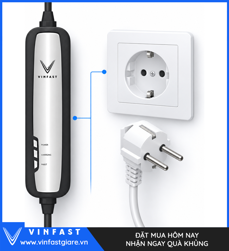 Ổ cắm loại F có tiếp địa dùng với bộ sạc di động VinFast 2,2 kW