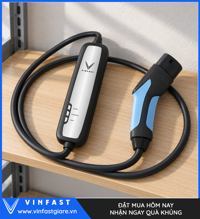 Bộ sạc di động VinFast 2,2 kW được thu gọn sau khi sử dụng