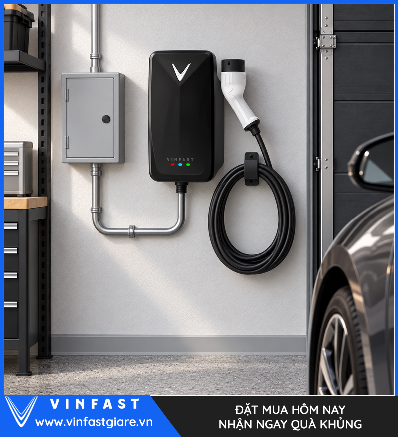 Bộ sạc VinFast 7,4 kW lắp cạnh tủ bảo vệ điện