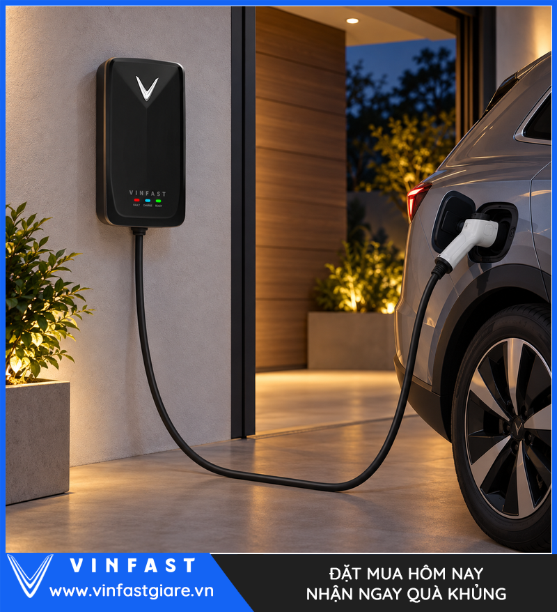 Bộ sạc treo tường VinFast 7,4 kW kết nối với xe tại nhà